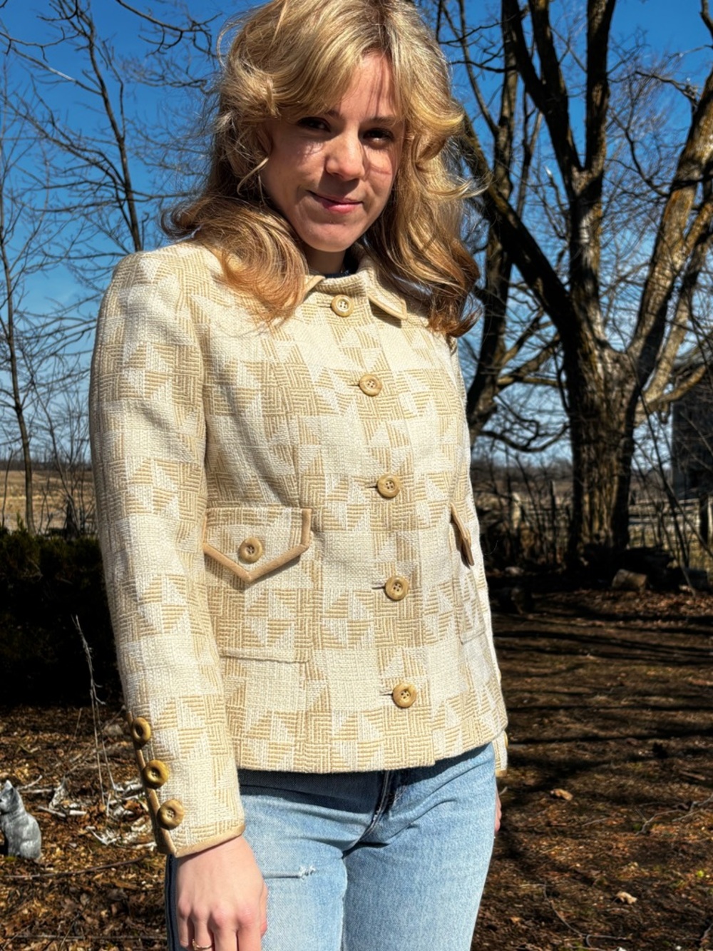 Vintage '70s Cream and Tan Tailored Plaid Blazer